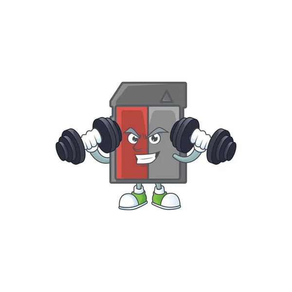 Memory card mascot icon on fitness exercise trying barbells — 스톡 벡터