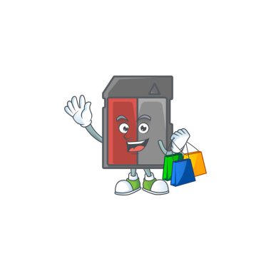 Zengin bir hafıza kartı tasarımı el sallıyor ve alışveriş torbası tutuyor.