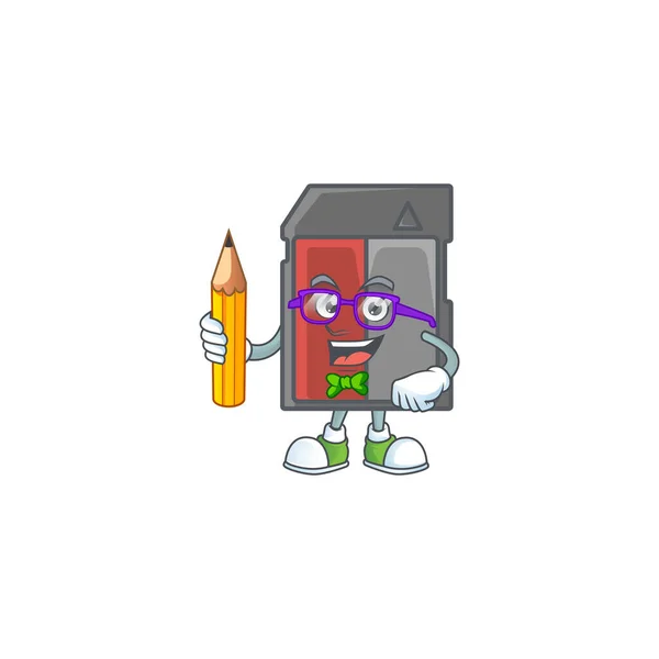 Um ícone de mascote de personagem de cartão de memória estudantil segurando lápis —  Vetores de Stock