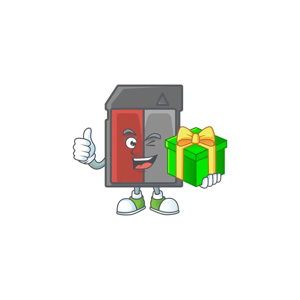 Lindo personaje de tarjeta de memoria sosteniendo una caja de regalo — Vector de stock