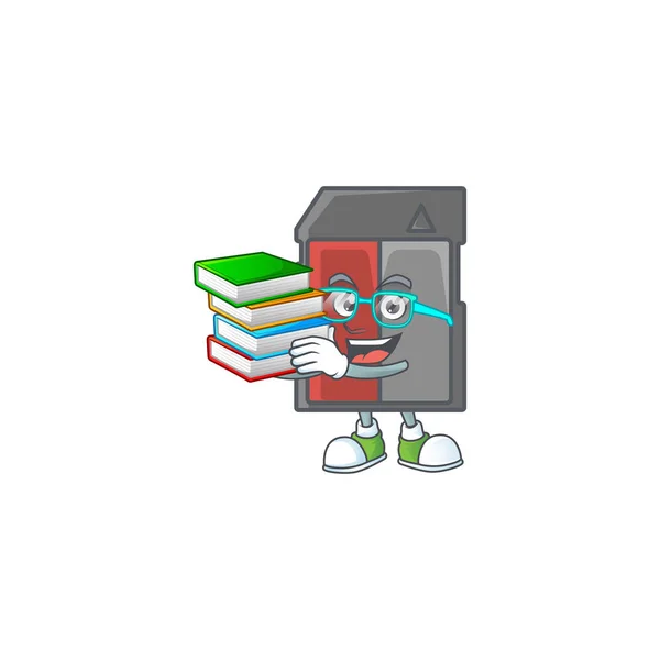 Um personagem de desenho animado inteligente inteligente inteligente de cartão de memória estudando com alguns livros — Vetor de Stock