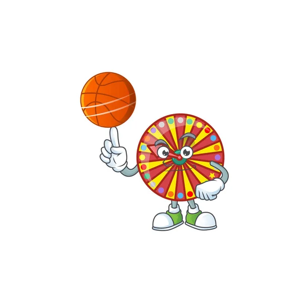 Un fuerte personaje de dibujos animados de la fortuna rueda con un baloncesto — Vector de stock