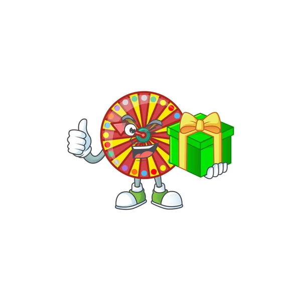 Lindo personaje de la fortuna rueda sosteniendo una caja de regalo — Vector de stock
