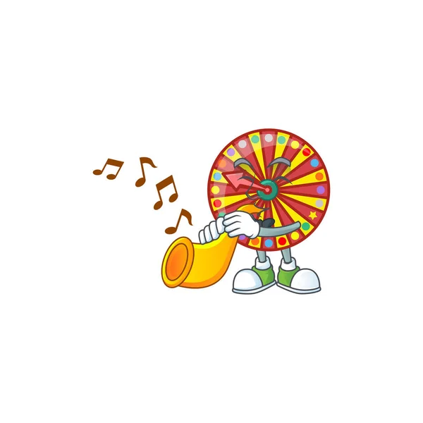 Cartoon character style of wheel fortune playing a trumpet — 스톡 벡터