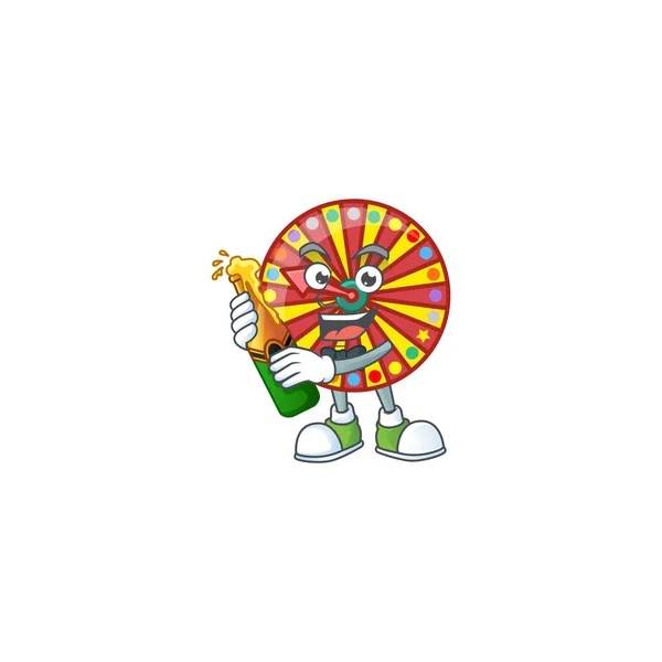 Mascota diseño de dibujos animados de la fortuna de la rueda que tiene una botella de cerveza — Vector de stock