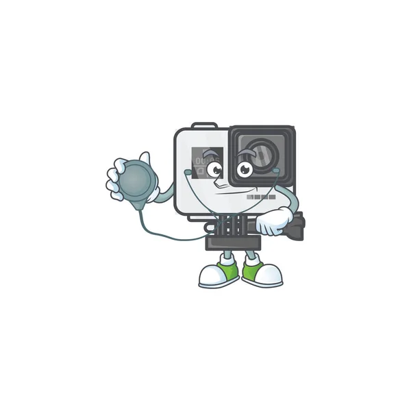 Mascotte de caméra d'action icône design comme un médecin costume de travail avec des outils — Image vectorielle