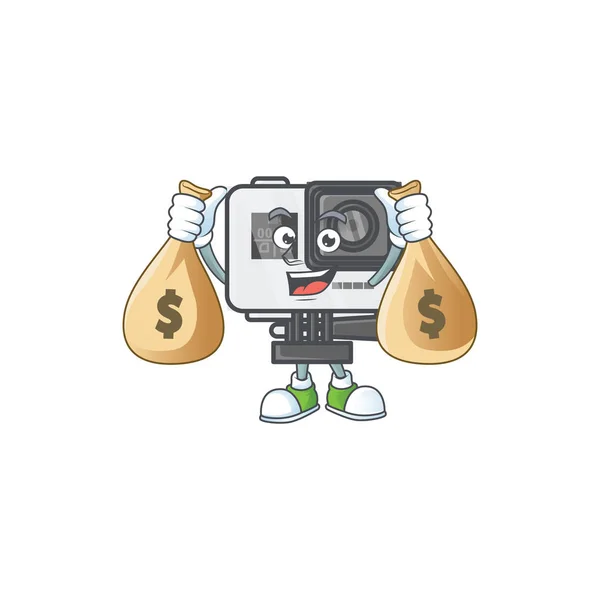 Симпатичное изображение мультипликационного персонажа экшн-камеры, держащего в руках сумку с деньгами — стоковый вектор