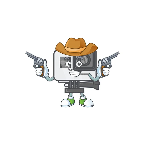 Statečný akční kamera Kovboj kreslený postava drží zbraně — Stockový vektor