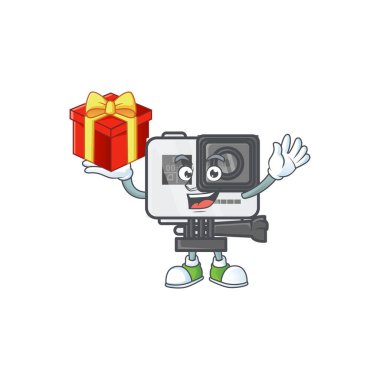 Bir kutu hediye ile aksiyon kamerasının çizgi film karakteri