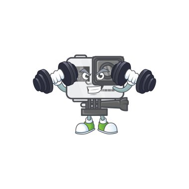 Kamera maskotu ikonu spor salonunda halterleri deniyor.