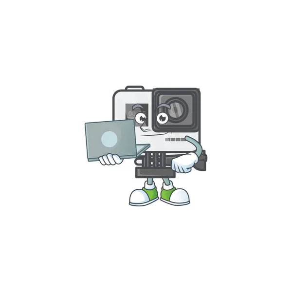 Un icono de la mascota de la cámara de acción inteligente que trabaja con el ordenador portátil — Vector de stock