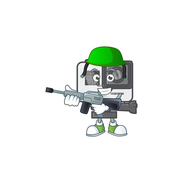 Action camera mascotte ontwerp in een leger uniform met machinegeweer — Stockvector