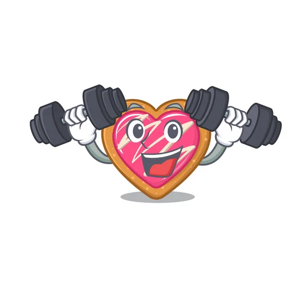Sporty Fitness exercise cookie heart mascot design using barbells — Stock Vector