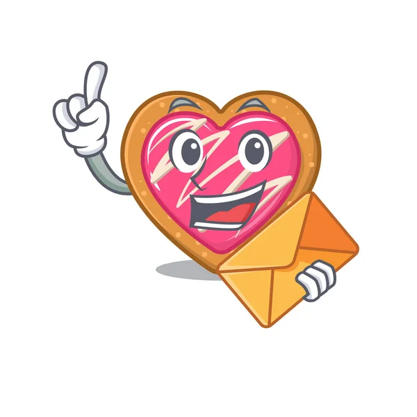 Happy πρόσωπο cookie καρδιά σχέδιο μασκότ με φάκελο — Διανυσματικό Αρχείο