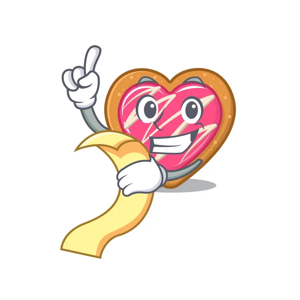 Un divertido personaje de dibujos animados de corazón de galleta sosteniendo un menú — Archivo Imágenes Vectoriales