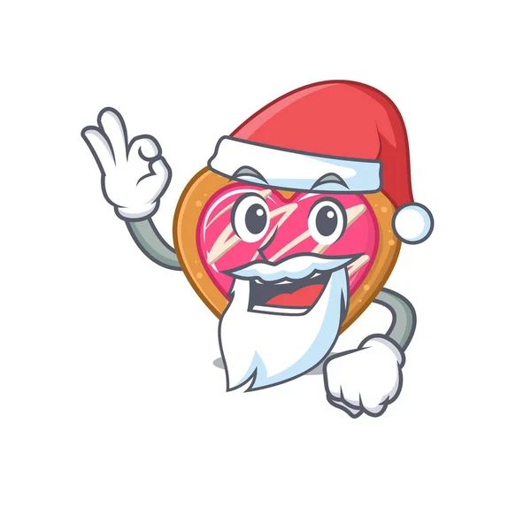 Cookie corazón en estilo de personaje de dibujos animados de Santa con el dedo ok — Vector de stock