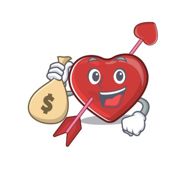 Rich and famous heart and arrow cartoon character holding money bag