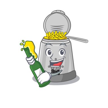 mascot cartoon design of deep fryer with bottle of beer
