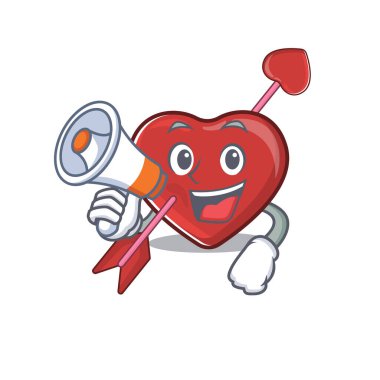 A mascot of heart and arrow speaking on a megaphone