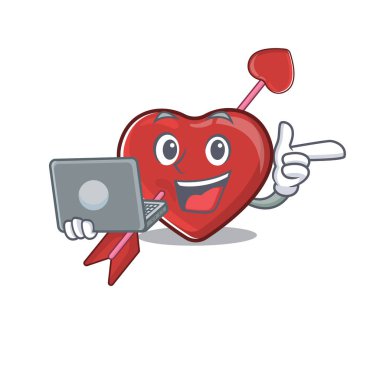 Cool character of heart and arrow working with laptop