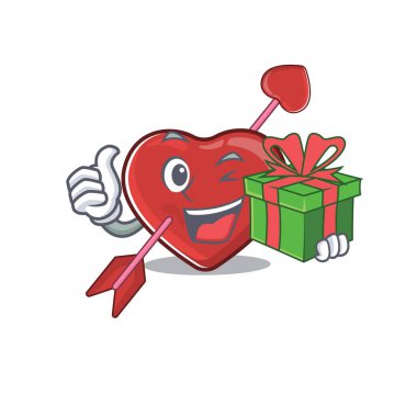 Happy heart and arrow character having a gift box