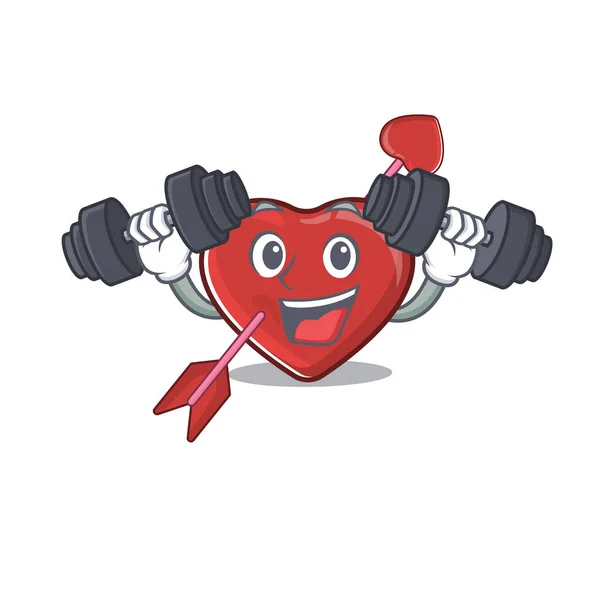 Sporty Fitness exercise heart and arrow mascot design using barbells — Stok Vektör