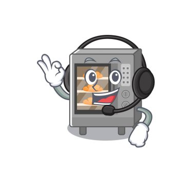 Mutlu fırın kek maskotu tasarımı kulaklık takıyor.