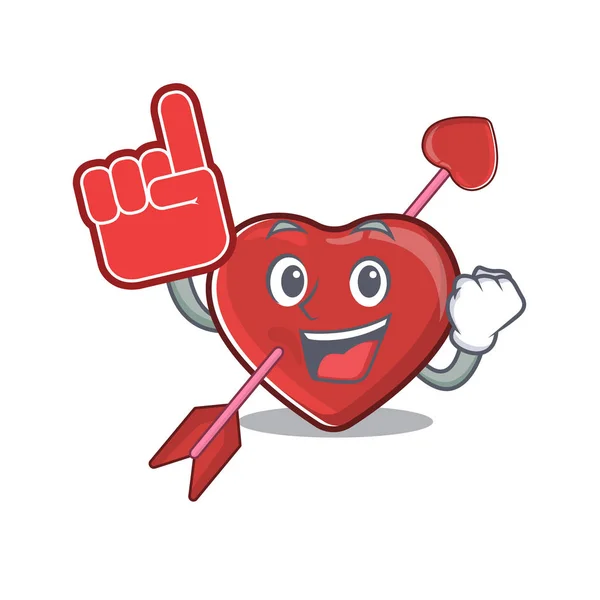 Une image de dessin animé de mascotte de coeur et flèche tenant un doigt de mousse — Image vectorielle