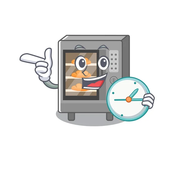 Dibujo animado carácter concepto horno pastel teniendo reloj — Vector de stock