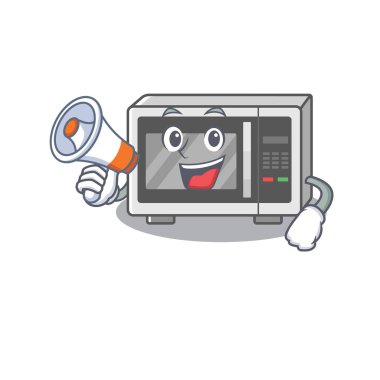 Bir mikrodalga maskotu megafonla konuşuyor.