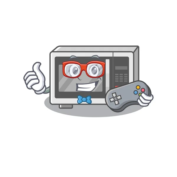 Smiley gamer met magnetron cartoon mascotte stijl — Stockvector