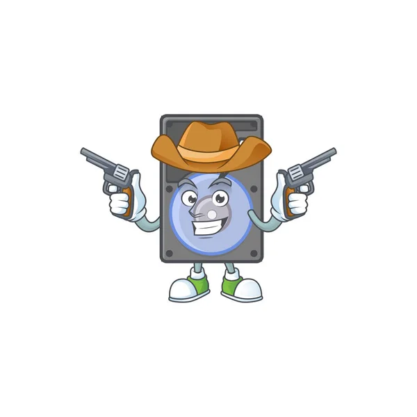 El valiente de disco duro Cowboy personaje de dibujos animados con armas — Vector de stock