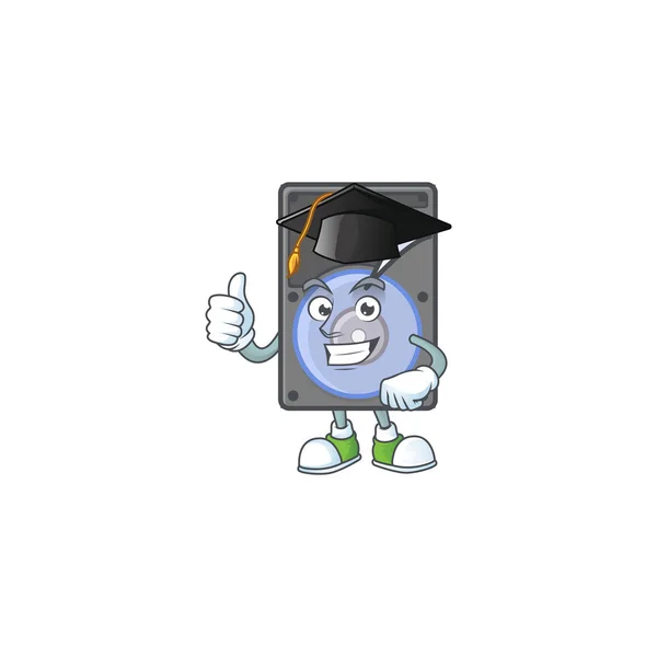 一个戴着黑色毕业帽的硬盘驱动器的快乐性格 — 图库矢量图片
