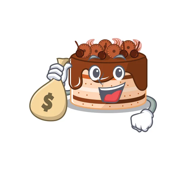 Gazdag és híres csokoládé torta rajzfilm karakter gazdaság pénzeszsák — Stock Vector