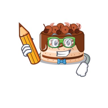Zeki bir çikolatalı pasta karakteri elinde kalem tutuyor.
