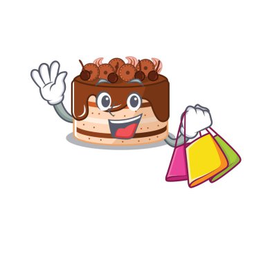 Dost canlısı, çikolatalı bir pasta. El sallıyor ve alışveriş torbası tutuyor.