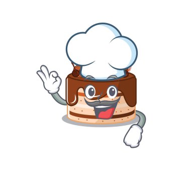 Çikolatalı kek çizgi film karakteri aşçı olarak çalışıyor ve beyaz şapka takıyor.