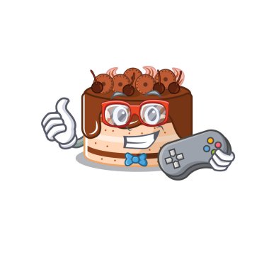 Gülen oyuncu çikolatalı kek maskot tarzı.