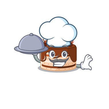 Şefin tepside yemek servisi yaptığı çikolatalı pasta resmi.