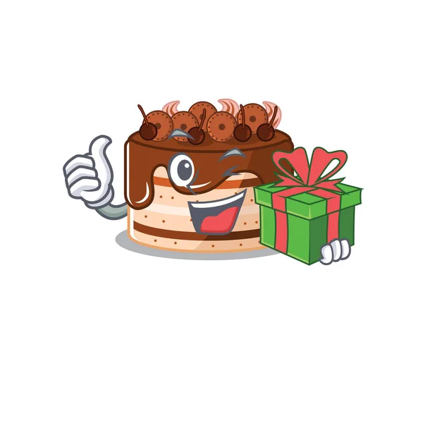 Glücklich Schokoladenkuchen Charakter mit einer Geschenkbox — Stockvektor