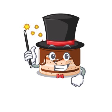 Bir sihirbaz olarak çikolatalı pasta performansının resmi.