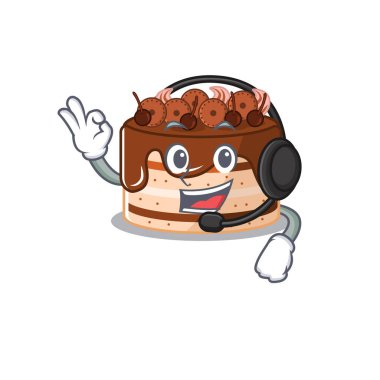 Mutlu çikolatalı pasta maskotu tasarımı kulaklık takıyor