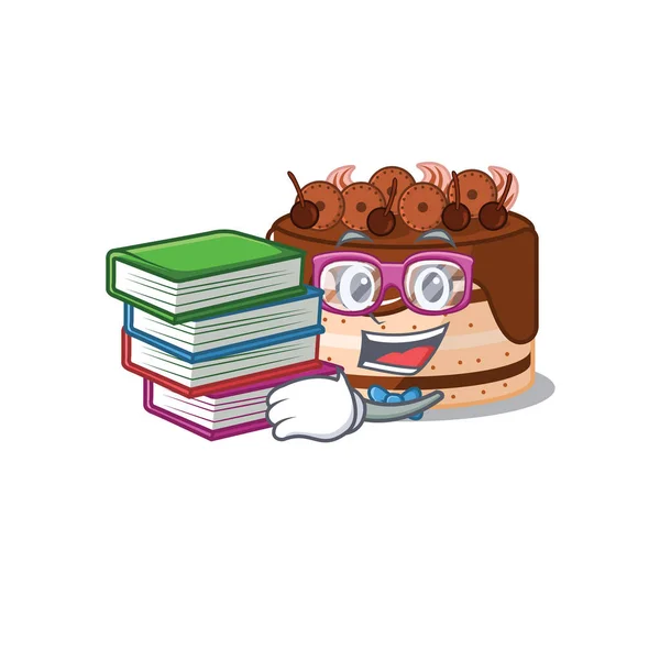 Mascota de dibujos animados de pastel de chocolate estudiar con libro — Vector de stock