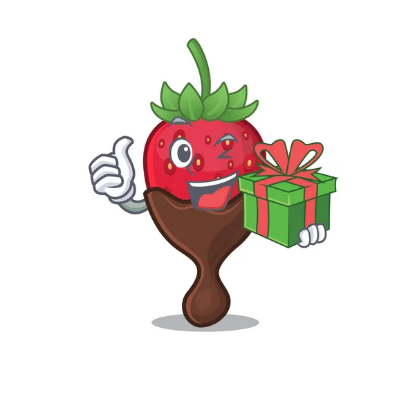Personagem de morango de chocolate feliz com uma caixa de presente — Vetor de Stock