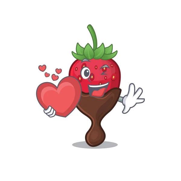Romantique chocolat fraise dessin animé tenant un cœur — Image vectorielle