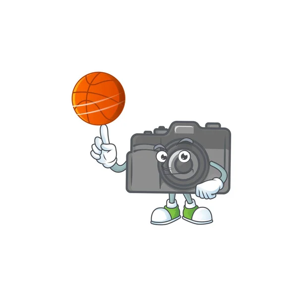 Um personagem de desenho animado de câmera digital forte com um basquete — Vetor de Stock
