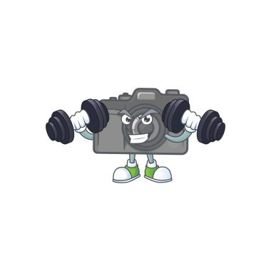 Spor salonunda halterleri denerken dijital kamera maskotu simgesi