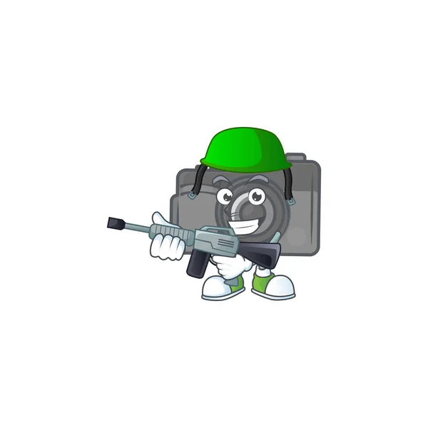 Digital camera mascot design in an Army uniform with machine gun — Stock Vector