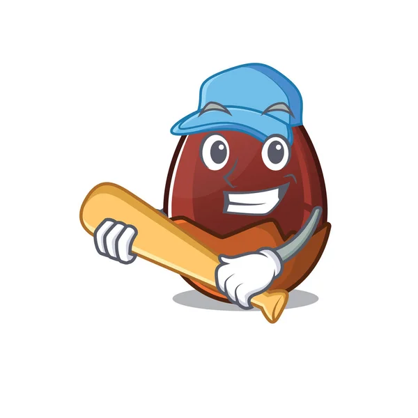 Sorriso Ovo de chocolate engraçado um design de mascote com beisebol — Vetor de Stock