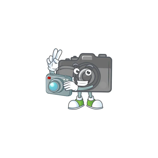 A digital camera Photographer cartoon character in action with a camera — Stock Vector